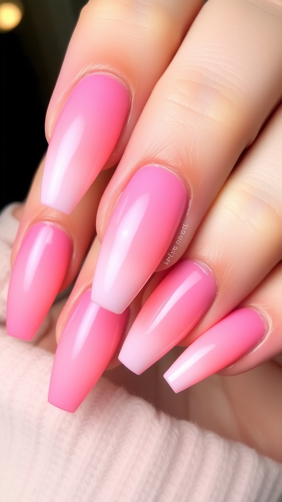 A hand with ombre pink nails featuring a gradient from light to dark pink.