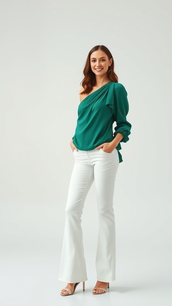 A woman wearing an emerald green one-shoulder long sleeve blouse with white flared pants and strappy heels.