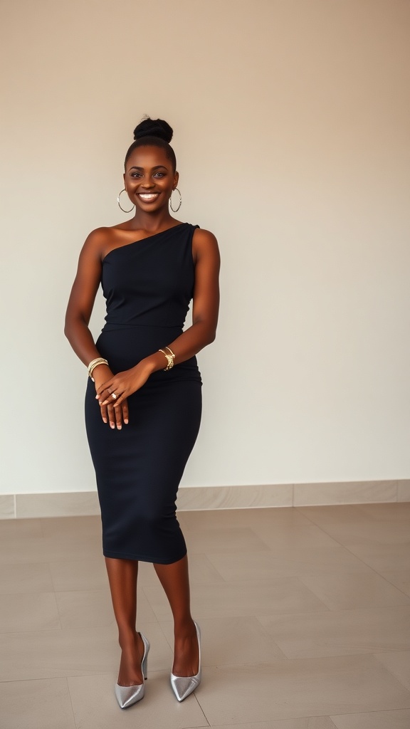 A woman wearing a one-shoulder midi dress with metallic accessories, smiling confidently.