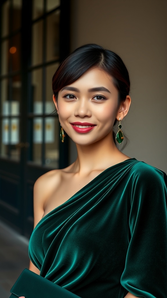 A woman wearing a one-shoulder velvet dress, showcasing elegance and style for a birthday celebration.