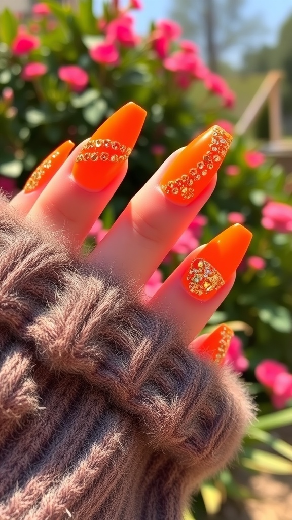 Vibrant orange nails with gold glitter accents, surrounded by pink flowers