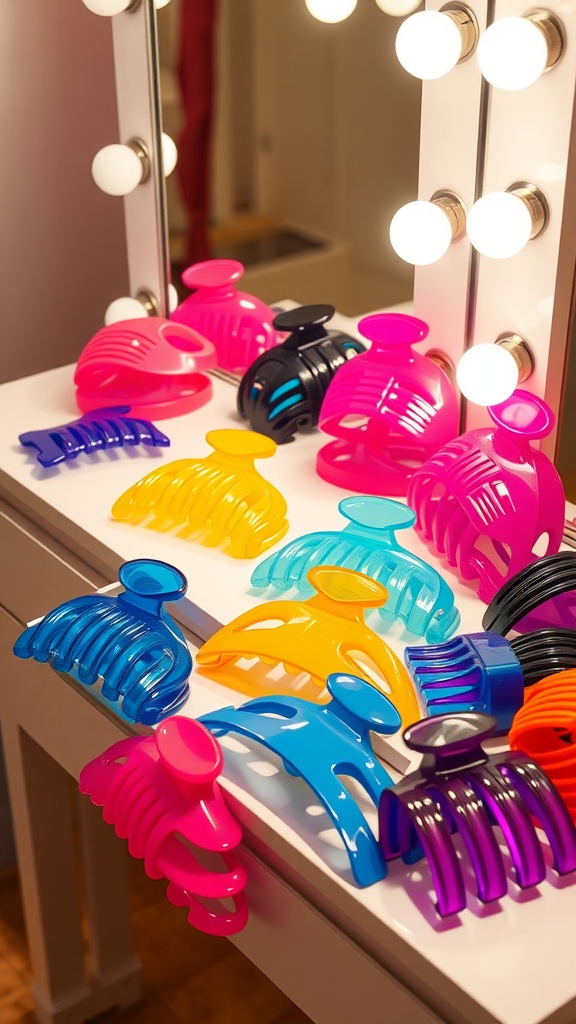 A collection of colorful oversized acrylic hair clips on a vanity table.