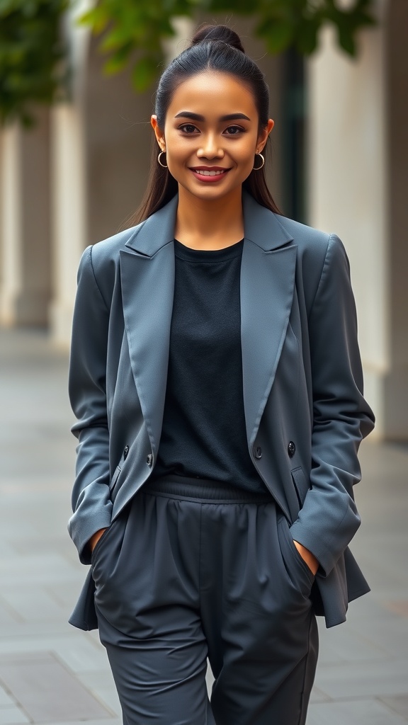A woman wearing an oversized blazer and joggers, smiling in an outdoor setting.