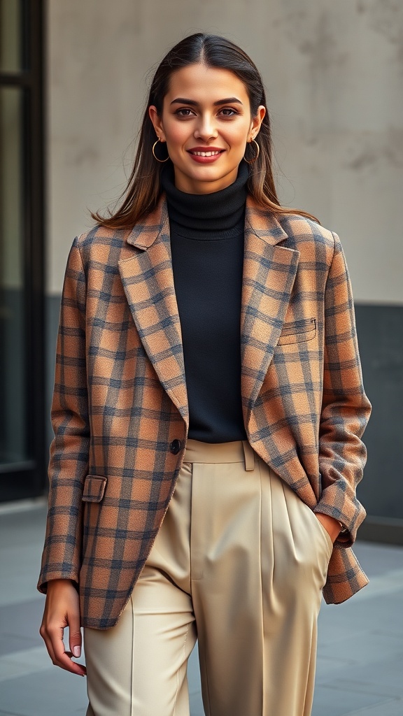 A woman wearing an oversized plaid blazer over a black turtleneck and wide-leg beige pants, smiling confidently.