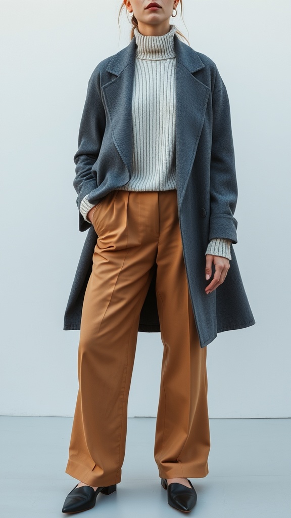 A person wearing an oversized blazer, knit top, and trousers, showcasing a cozy fall fashion look.
