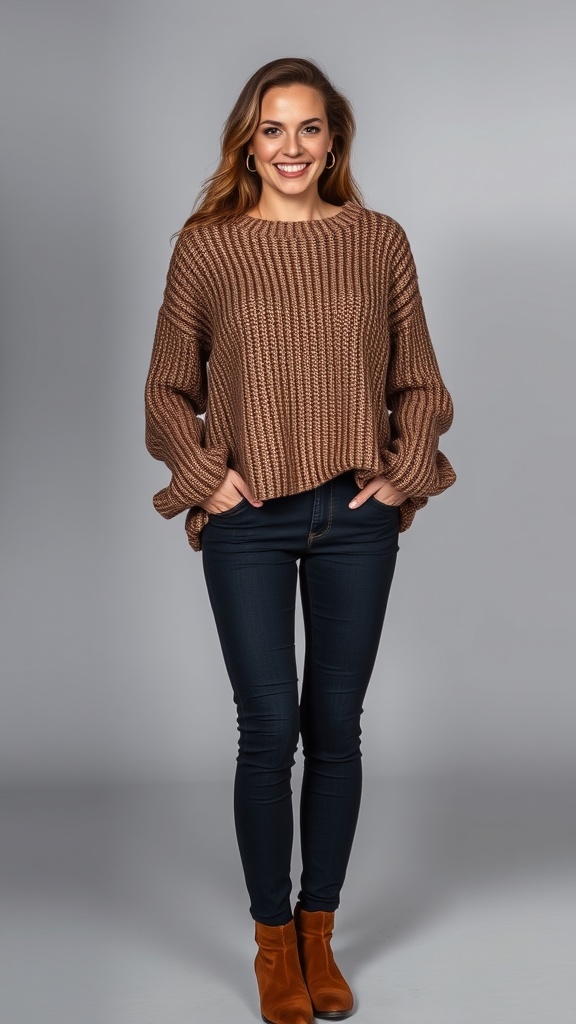 A woman wearing an oversized brown knit sweater with skinny jeans and ankle boots, smiling at the camera.