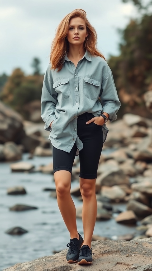 A woman wearing an oversized button-up shirt and biker shorts, standing by a river.