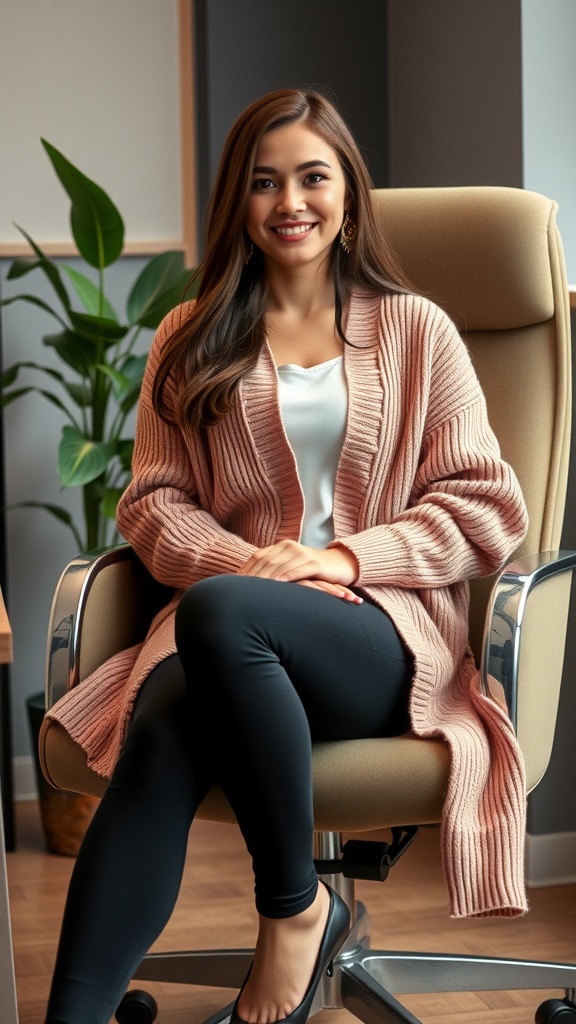 A mannequin wearing an oversized beige cardigan and black leggings, seated in an office chair with a plant in the background.