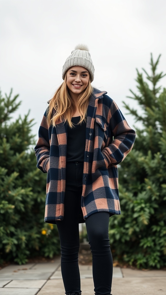 A young woman wearing an oversized flannel shirt, skinny jeans, and a beanie, smiling outdoors.