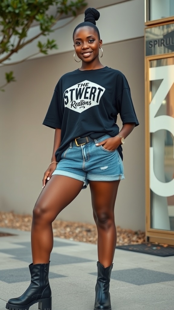 A woman wearing an oversized graphic tee and biker shorts with black shark boots, smiling confidently.