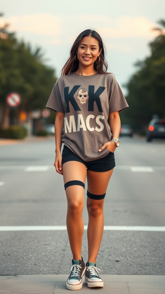 A woman wearing an oversized graphic tee and biker shorts, smiling while walking on a street.