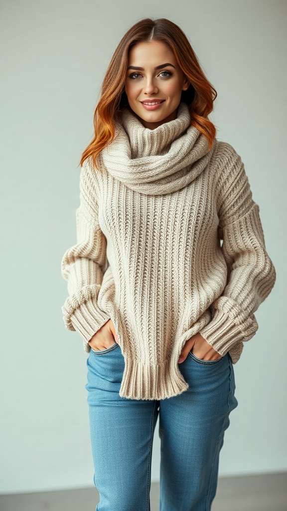 A woman wearing an oversized beige knit sweater and straight blue jeans, smiling at the camera.