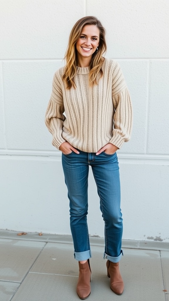A woman wearing an oversized knit sweater, straight-leg jeans, and suede booties, smiling at the camera.