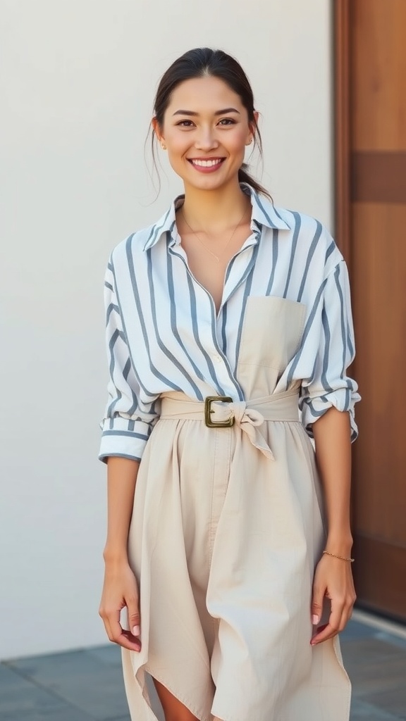 A woman smiling while wearing an oversized striped shirt and a beige slip dress.