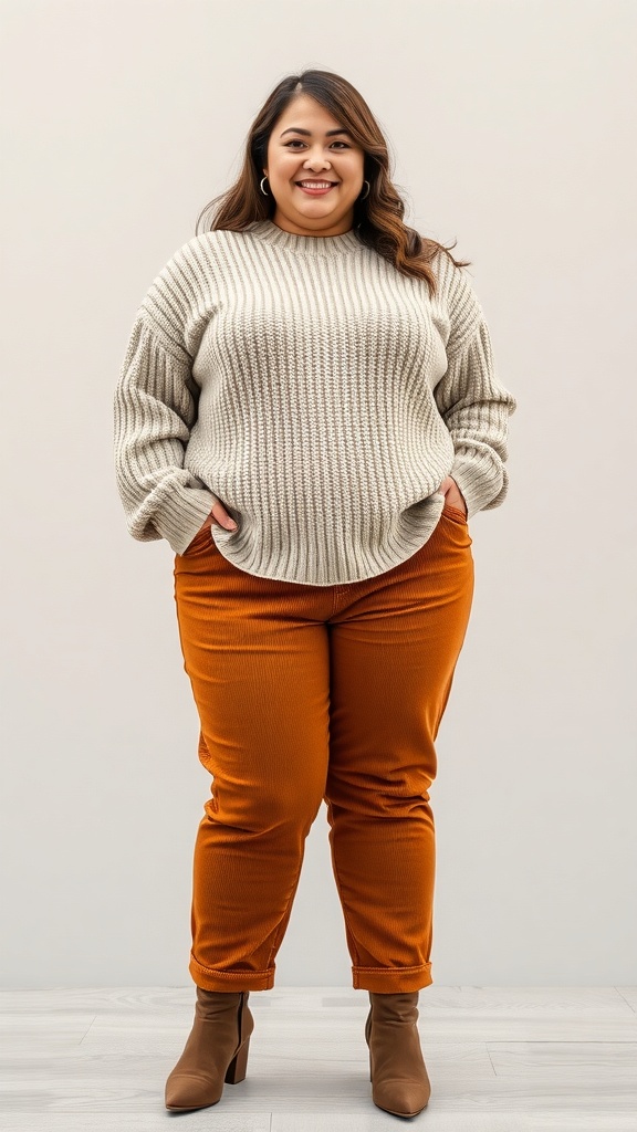 A woman smiling in an oversized sweater and wide-leg corduroy pants, showcasing a cozy fall outfit.