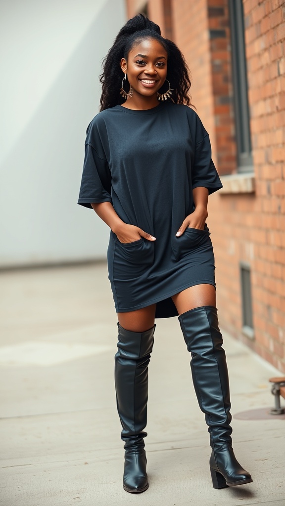 A woman wearing an oversized black tee and thigh-high black boots, smiling confidently.