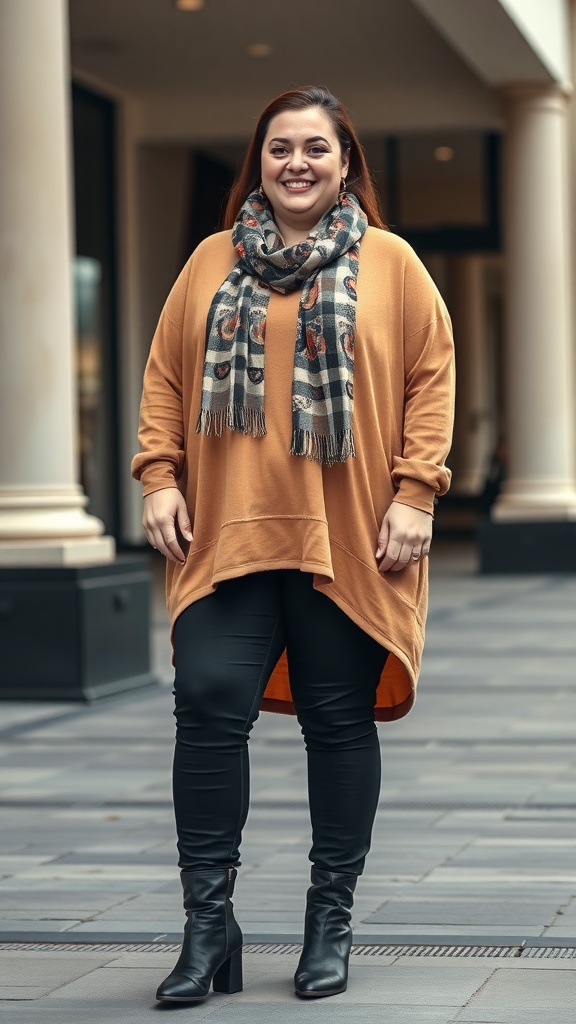 A woman wearing an oversized tunic with leggings and a scarf, smiling outdoors.