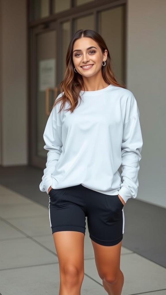 A woman smiling while wearing an oversized white long sleeve top and black biker shorts.