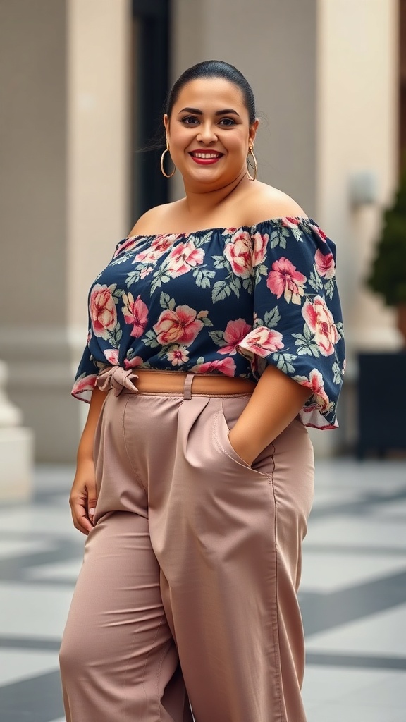 A woman wearing a floral off-shoulder blouse and beige palazzo pants, smiling confidently.