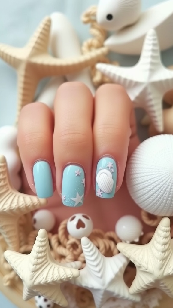 Pale blue nails with seashell designs surrounded by seashells and starfish.
