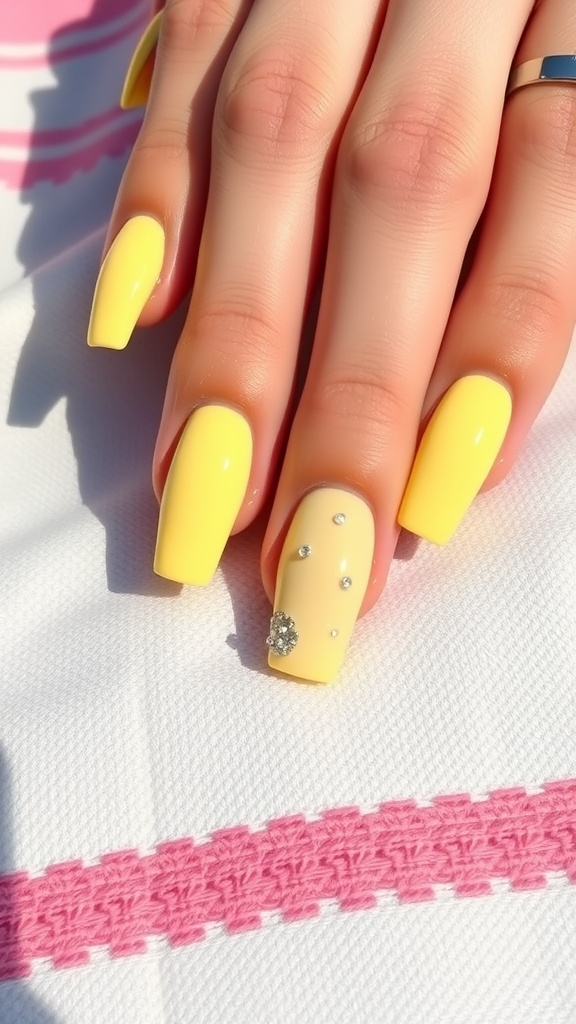 A hand with pale yellow nails featuring glitter accents, resting on a pink fabric with a cozy sweater.