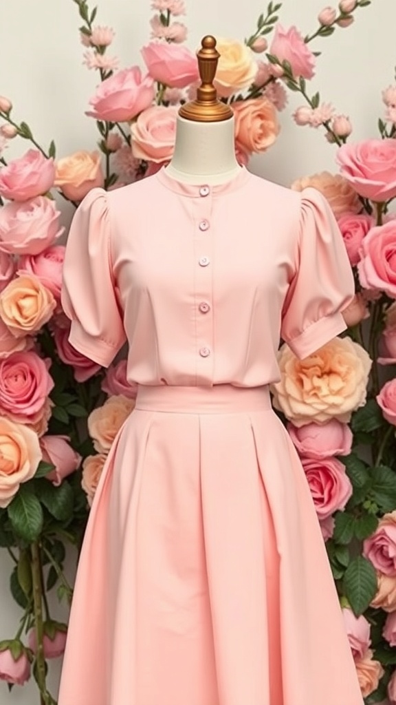 A pastel pink blouse with puff sleeves paired with a high-waisted skirt, surrounded by pink roses.