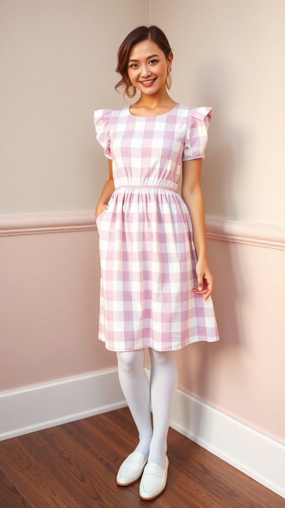 A woman wearing a pastel checkered dress with white tights, styled in a retro fashion.