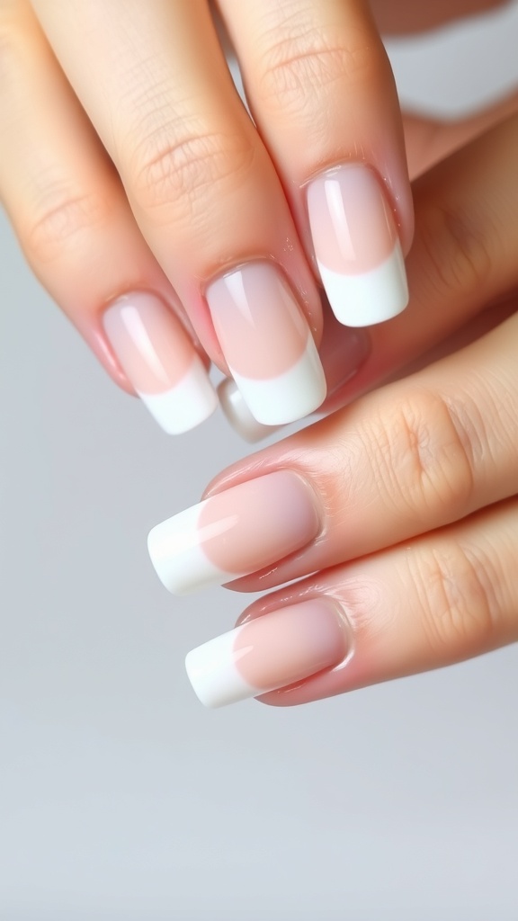 Close-up of hands with white French tip nails on a light background.
