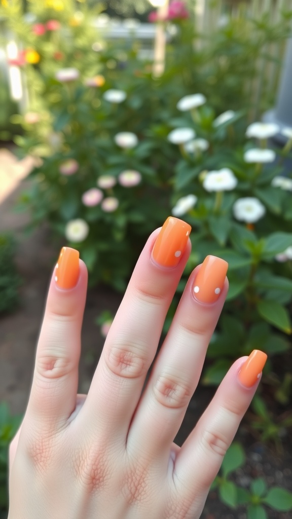 Pastel orange nails with white dots in a garden setting