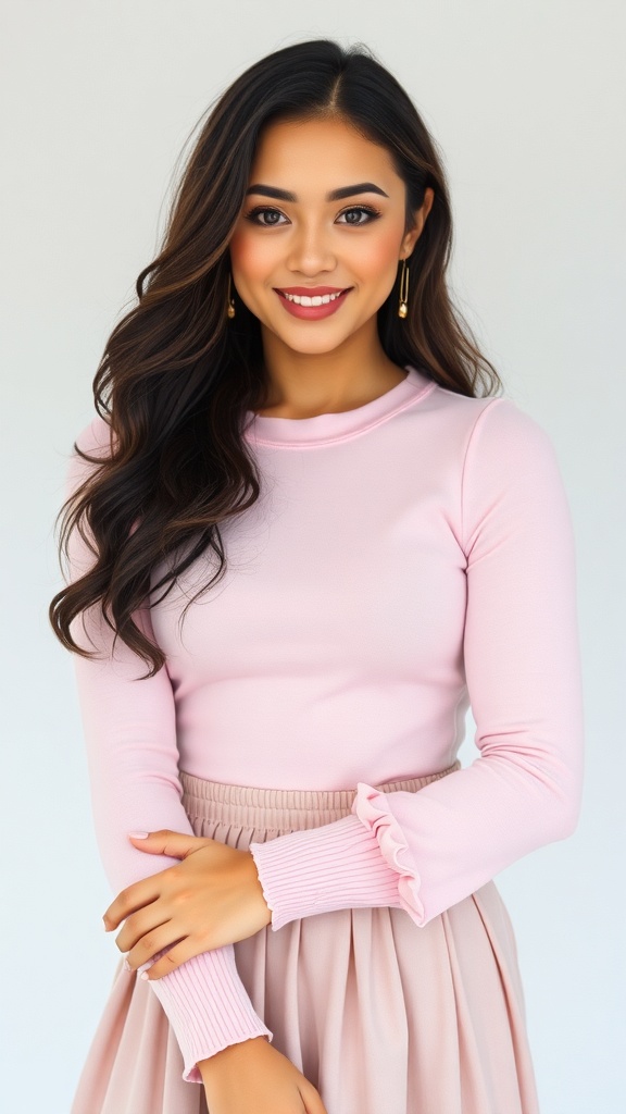 A woman wearing a pastel pink long sleeve top with ruffled cuffs, paired with a pleated mini skirt, smiling at the camera.