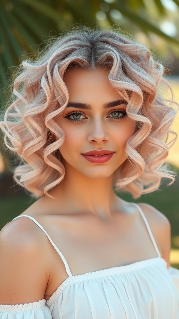 A person with pastel pink curly hair, wearing a denim jacket, smiling outdoors.