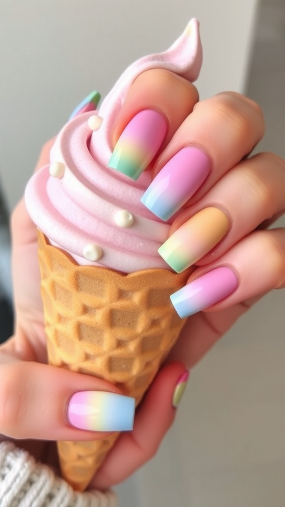 A hand holding an ice cream cone with pastel rainbow gradient nails
