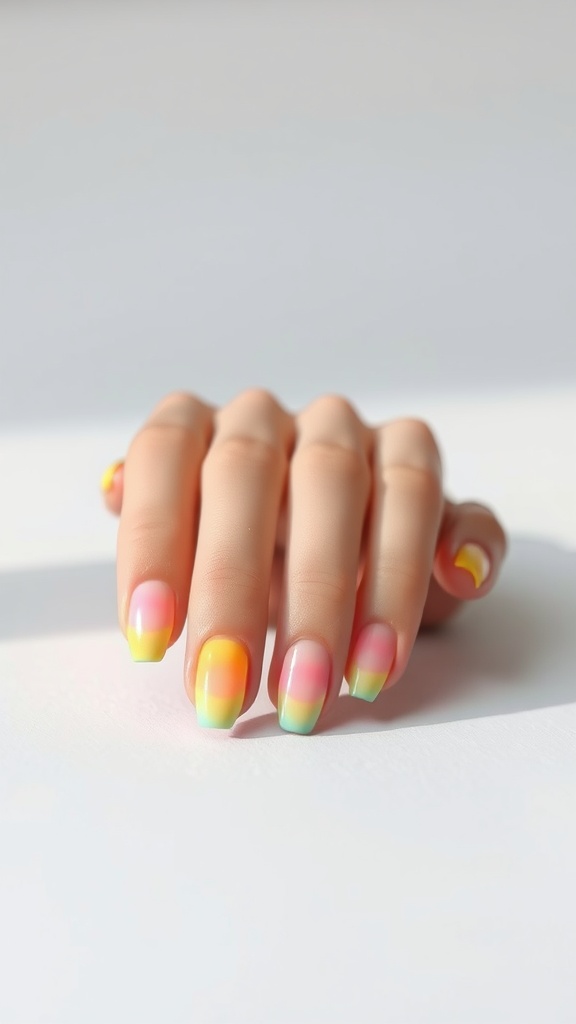 Nails with pastel rainbow tips featuring a gradient of pink, orange, yellow, and green colors.