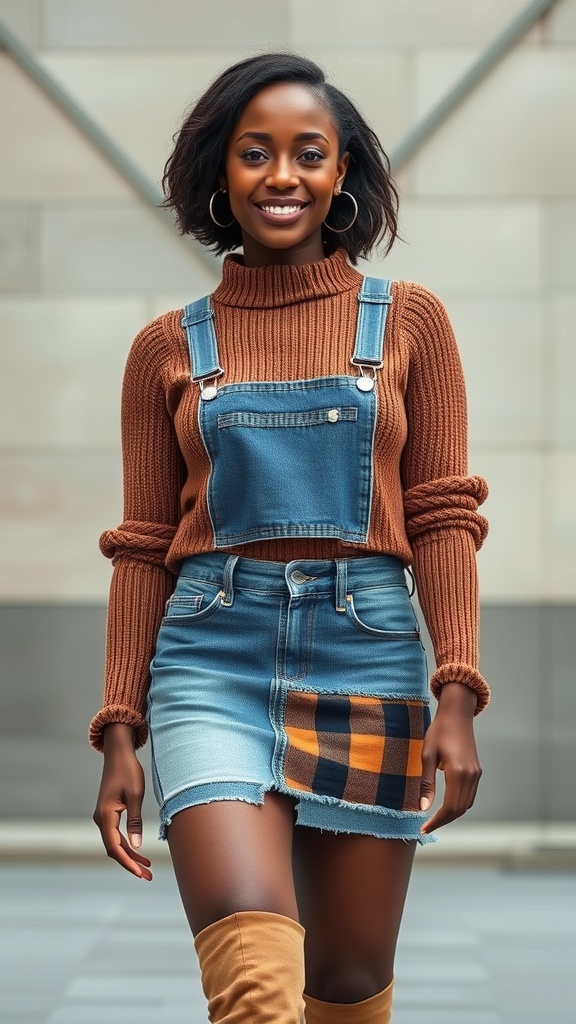 A woman wearing a patchwork denim skirt and a knit sweater, smiling confidently.
