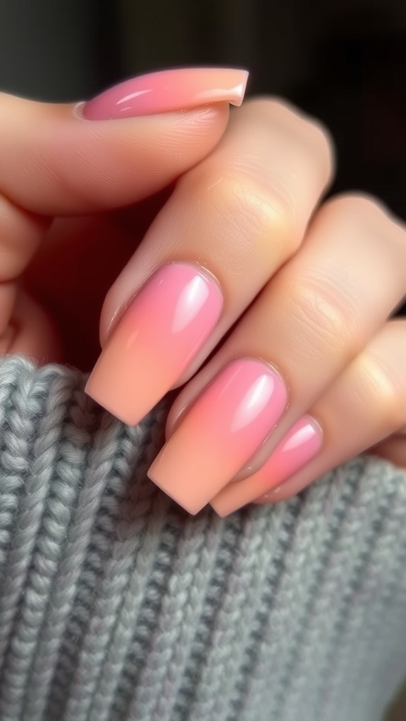 Nails featuring a peach to coral ombre design, paired with a pink sweater.