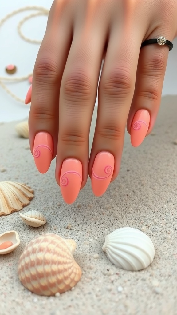 Close-up of a hand with peachy coral swirl nails on a sandy surface with seashells.