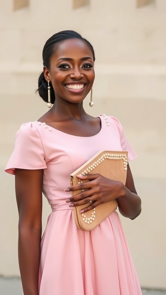 A woman smiling while wearing a pearl-embellished pink dress and holding a clutch bag.