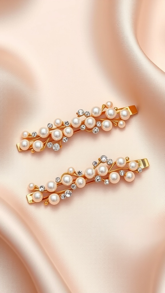 Two pearl-studded hair clips on a soft satin background