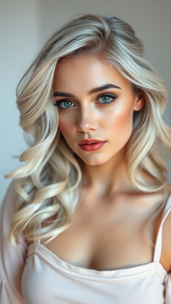 A close-up of a woman with icy blonde hair styled in pearl curls, showcasing a glamorous look.