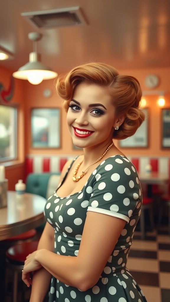 A woman with victory rolls hairstyle, wearing a polka dot dress, smiling in a retro diner.