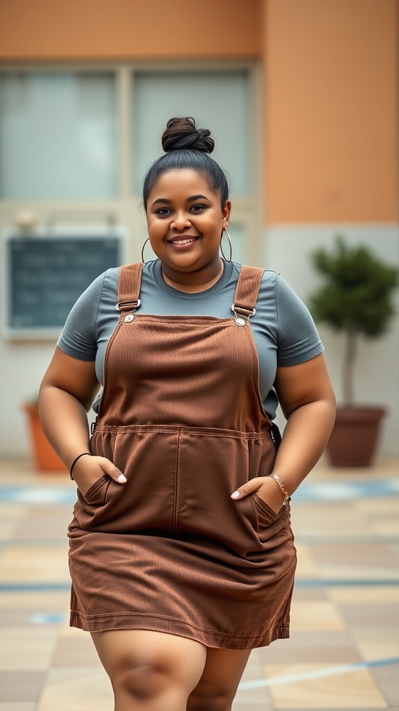 A girl wearing a brown pinafore dress over a fitted grey tee, smiling confidently.