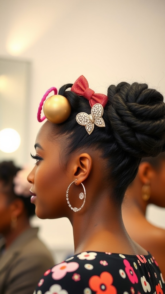 A stylish pineapple updo hairstyle decorated with colorful accessories.