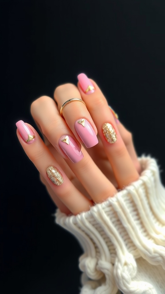 A hand with pink and gold fusion nail design featuring heart shapes and glitter.