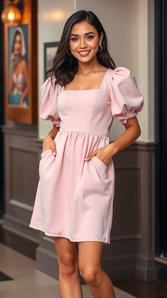 A woman wearing a pink babydoll dress with puffed sleeves and Mary Jane shoes, smiling in a stylish setting.