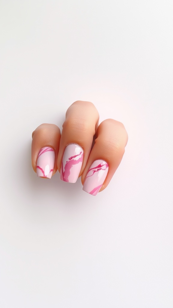 Nails featuring a pink marble effect design with swirls of light and dark pink.