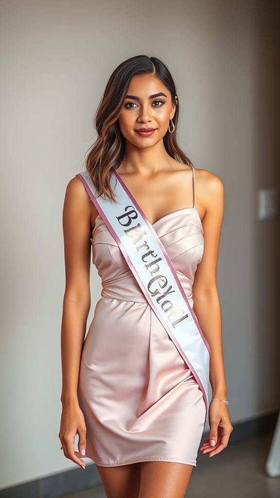 A woman in a pink satin mini dress with a birthday sash and sparkly heels.