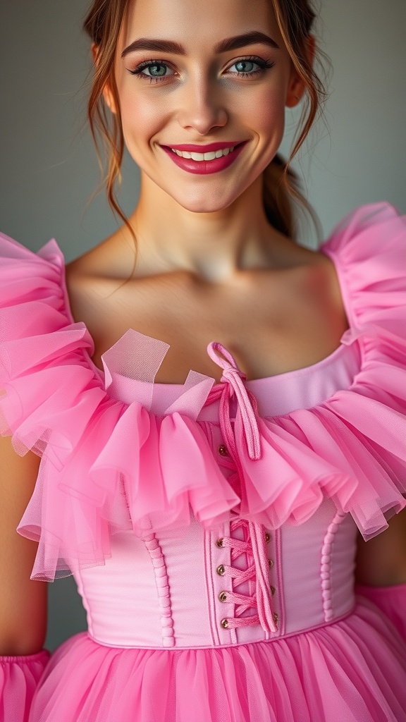 A young woman wearing a pink tulle gown with a corset bodice and ruffled sleeves, smiling at the camera.