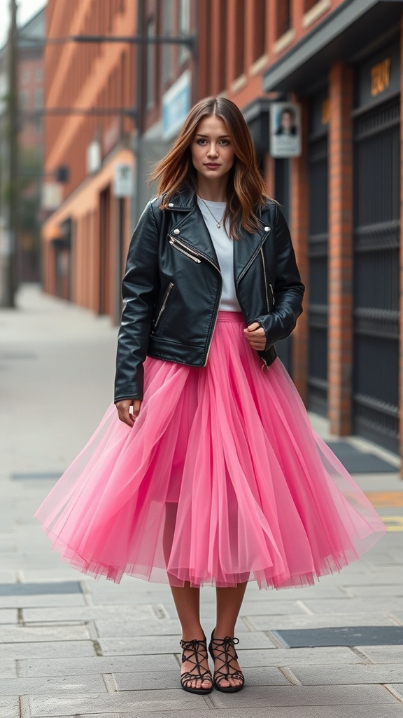 A woman wearing a pink tulle skirt and a black leather jacket, walking on a city street.