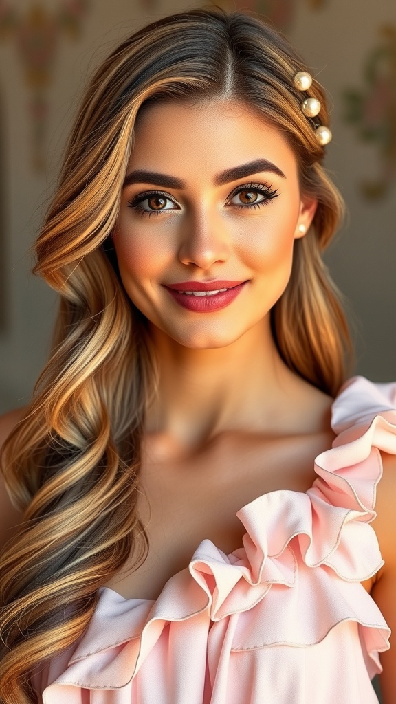 A woman with pinned waves and pearl hair clips, showcasing a glamorous hairstyle.