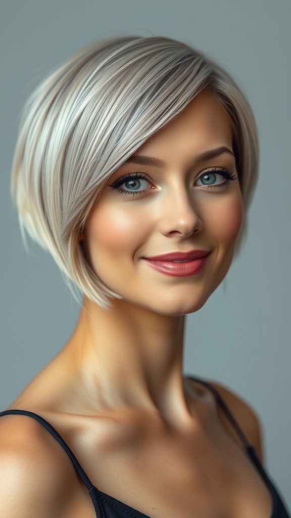 A stylish woman with a pixie bob haircut featuring ash blonde highlights, smiling confidently.